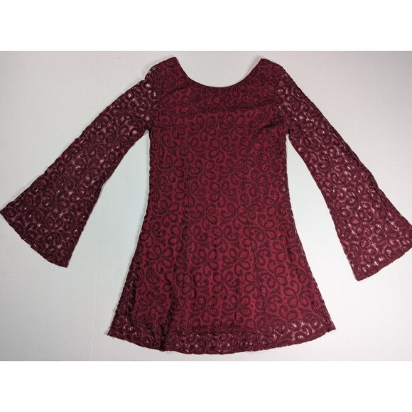 UMGEE Women's Dress Bohemian Tunic Small Burgundy Red Bell Sleeves Scoop Neck - Picture 2 of 11
